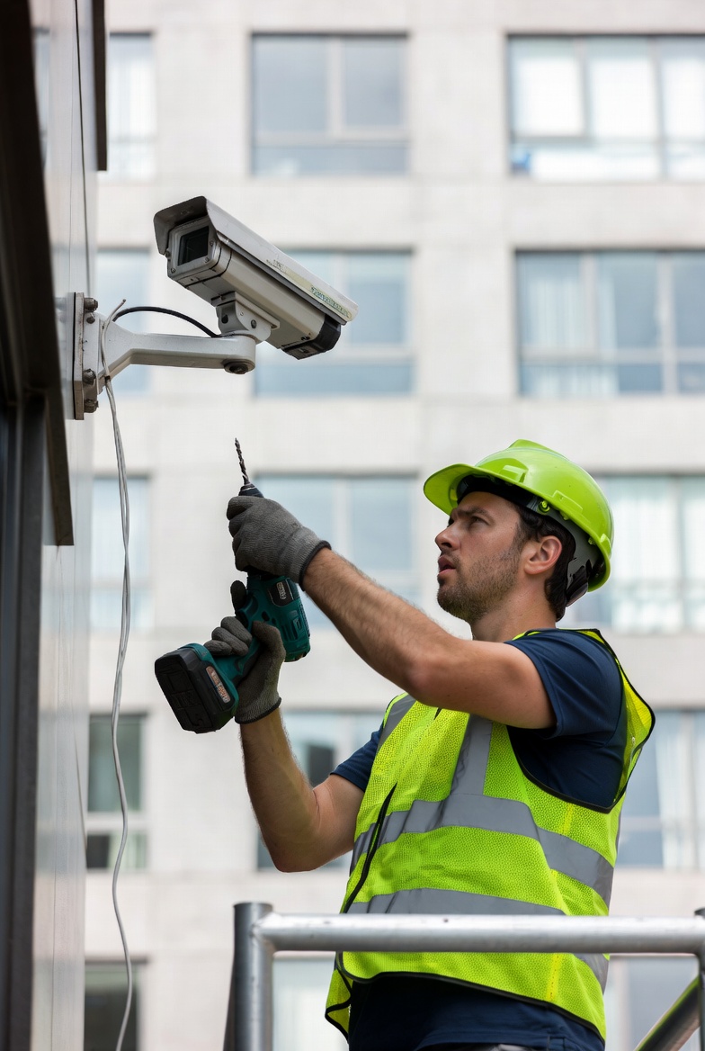 Low voltage technician installing a security camera